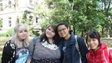 Group of campus and international students standing together